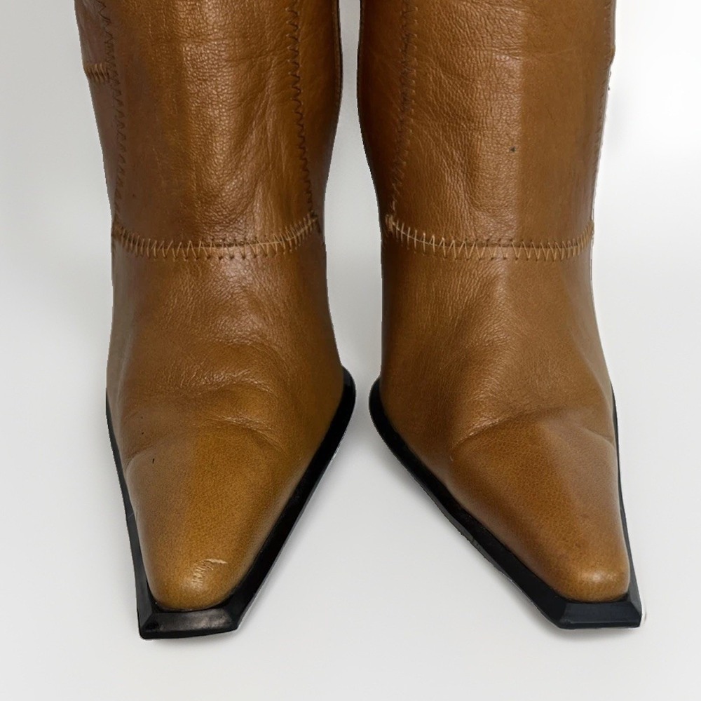Vintage Wild Orchid Cognac Leather Wavy Patch Stitch Knee High Boots Y2K Size 10 - Picture 4 of 15